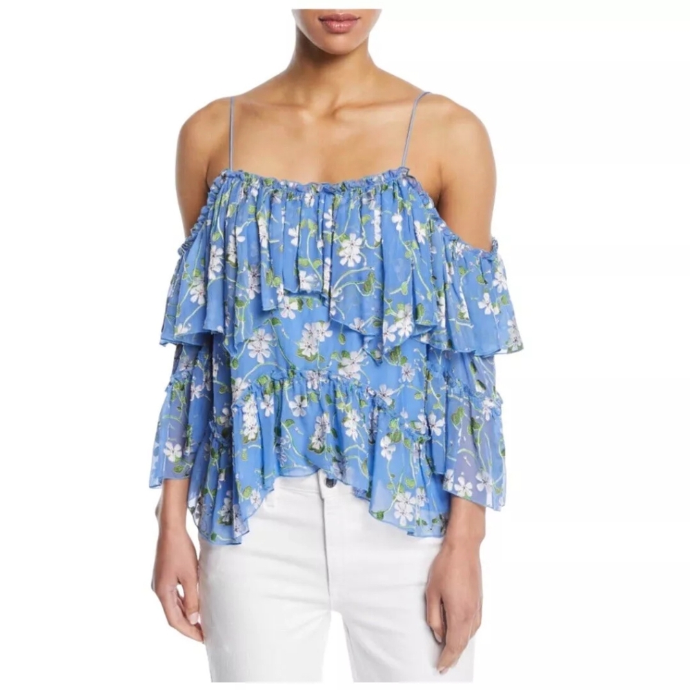 Alice and Olivia Tia Floral Print Ruffle Blouse Cold Shoulder SP